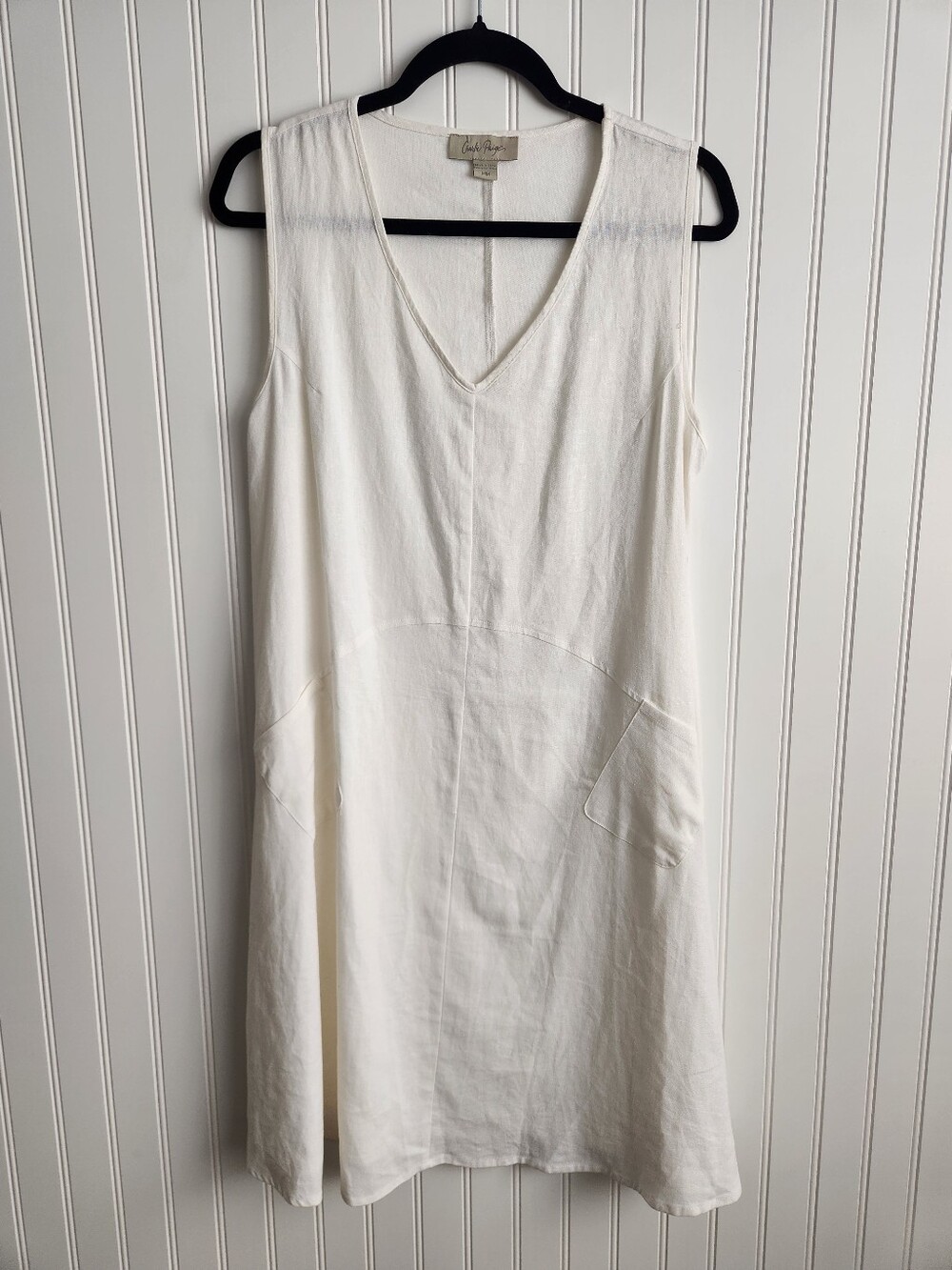 CHARLIE PAIGE White Linen Blend V Neck Mini Euro Summer Lagenlook Dress Medium
